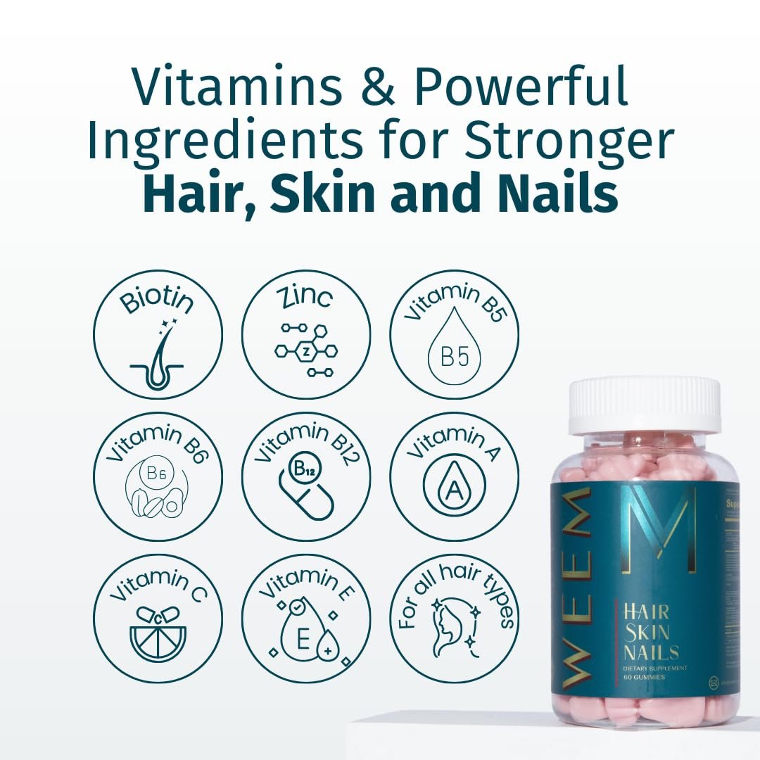 WEEM Hair Skin and Nails Gummies - Supports Healthy Hair - Vegan biotin Vitamins for Women & Men Supports Faster Hair Growth, Stronger Nails, Healthy Skin, Extra Strength (3) 4 WEEM Hair Skin and Nails Gummies - Supports Healthy Hair - Vegan biotin Vitamins for Women & Men Supports Faster Hair Growth, Stronger Nails, Healthy Skin, Extra Strength (3) - Image 4