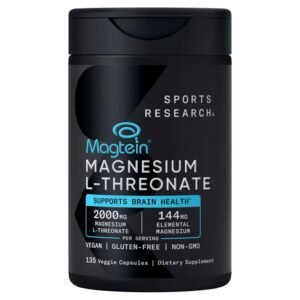 SPORTS RESEARCH Magtein Magnesium L- Threonate Advanced (2000 MG Magnesium L-Threonate 144 MG Elemental Magnesium Per Serving) 135 Veggie CapsulesPlus Bonus 2 Sugar Free White Peach Hydration Sticks