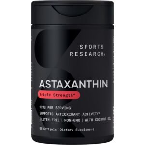 Sports Research® Triple Strength Astaxanthin 12mg w/Organic Coconut Oil - Antioxidant Supplement for Skin & Eye Health Support* - Soy Free · Non-GMO · Gluten Free - 60 Softgels